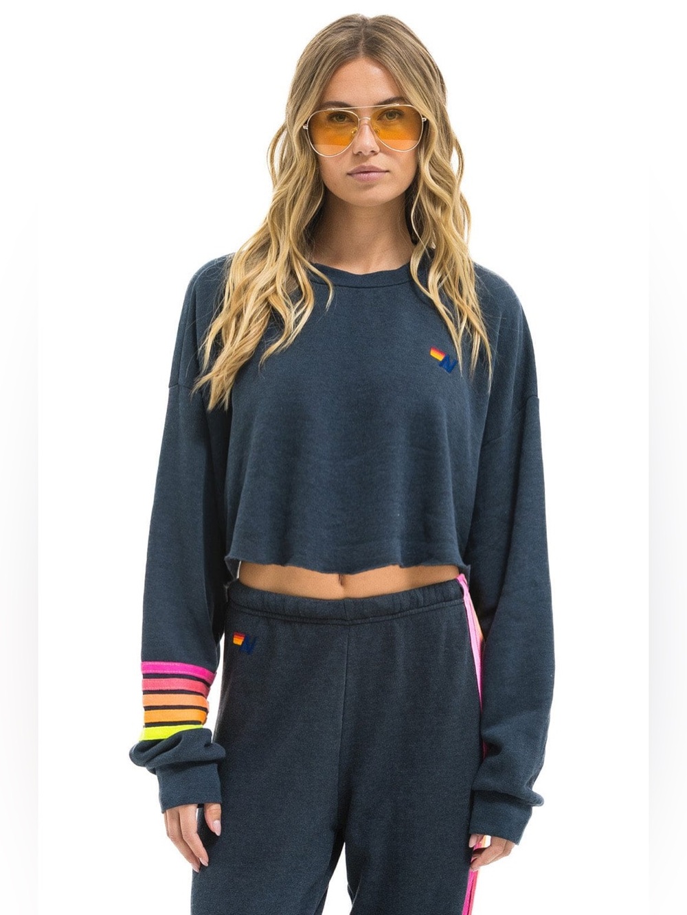 Aviator Nation Rugby Stitch Cropped Crew Sweatshirt – Charcoal // Neon